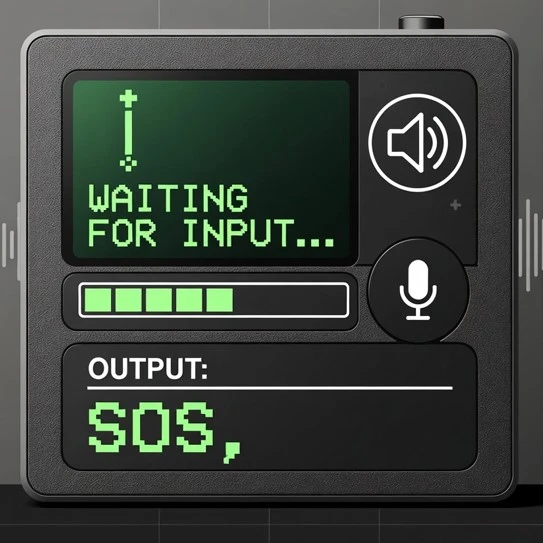 Dark navy Morse code translator UI with image upload drag-and-drop zone and Morse code output display. Clean, modern design.