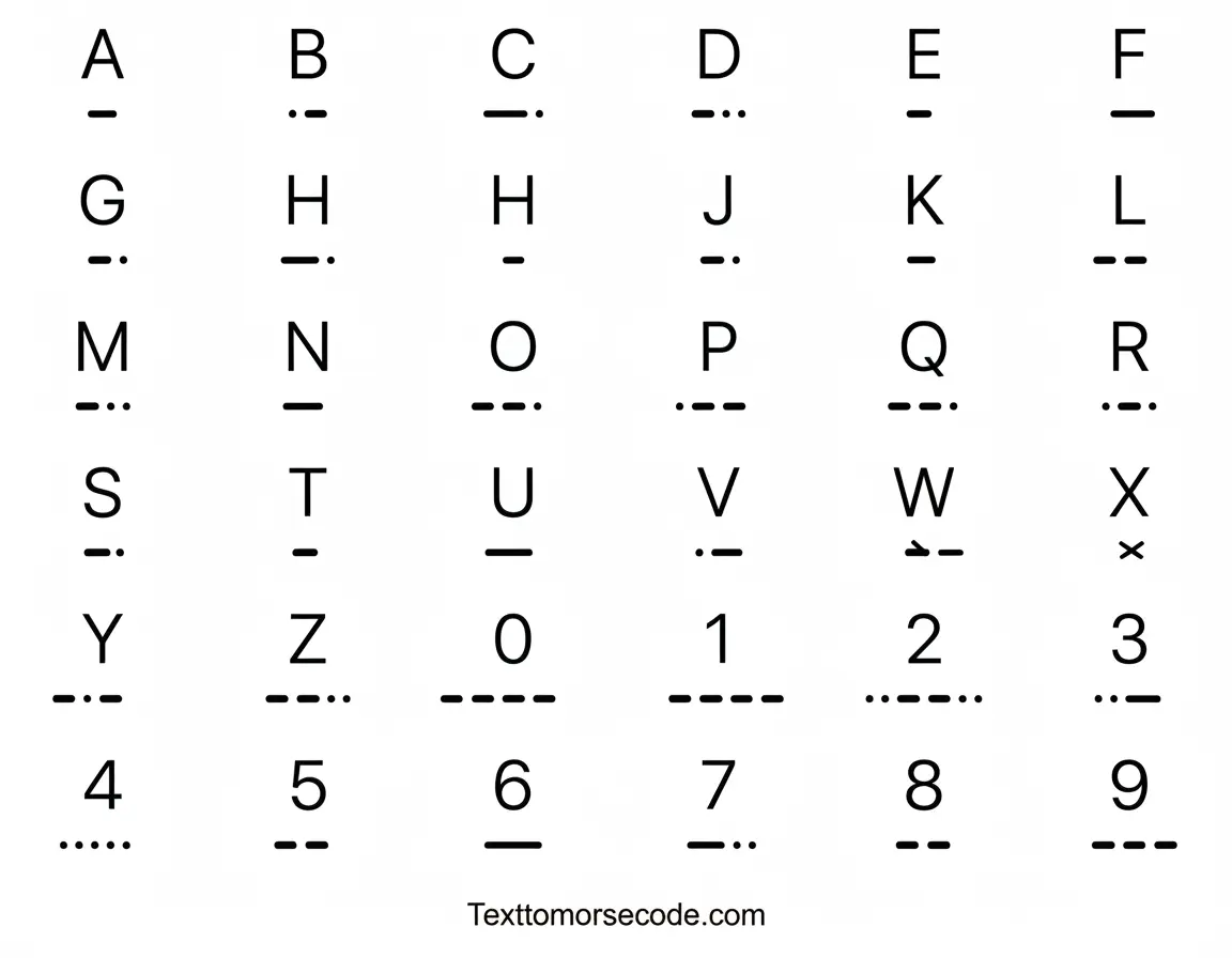 Morse code alphabet chart showing letters A to Z and numbers 0 to 9 with their dot and dash representations.